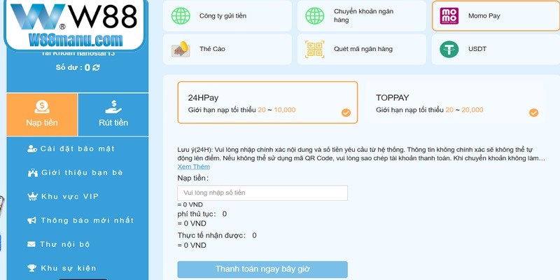 Đăng Ký W88 - Gia Nhập Cộng Đồng, Nhận Ngay Quà 150k 16 Sử dụng Momo để nạp tiền vào W88 được nhiều người lựa chọn